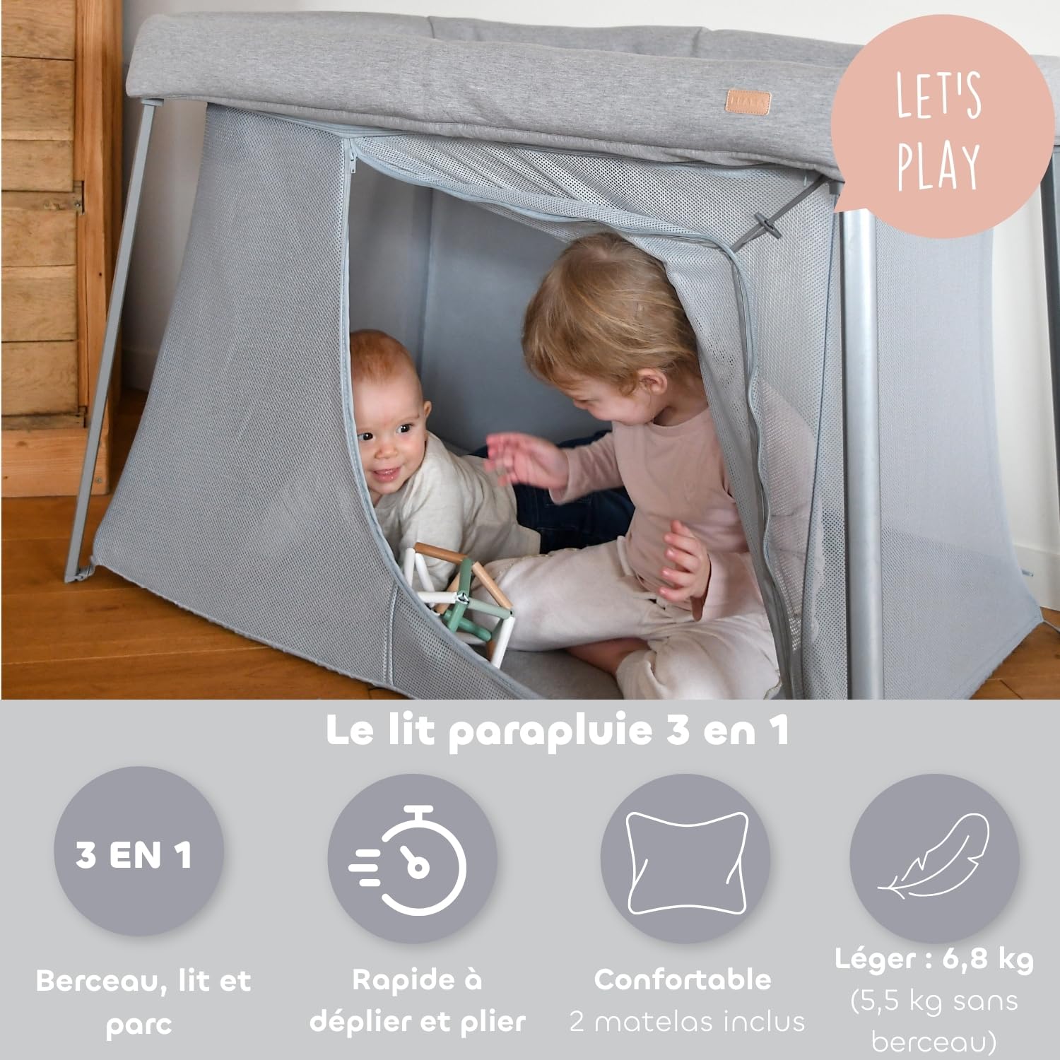 BÉABA, Lit parapluie 3 en 1, Berceau Bébé, Lit d'appoint, Parc, Evolutif, Léger - 6.8Kg, Pliable, Compact, Sac Transport et Matelas inclus, Tissu Respirant et Oeko-Tex, Gris chiné/Galet