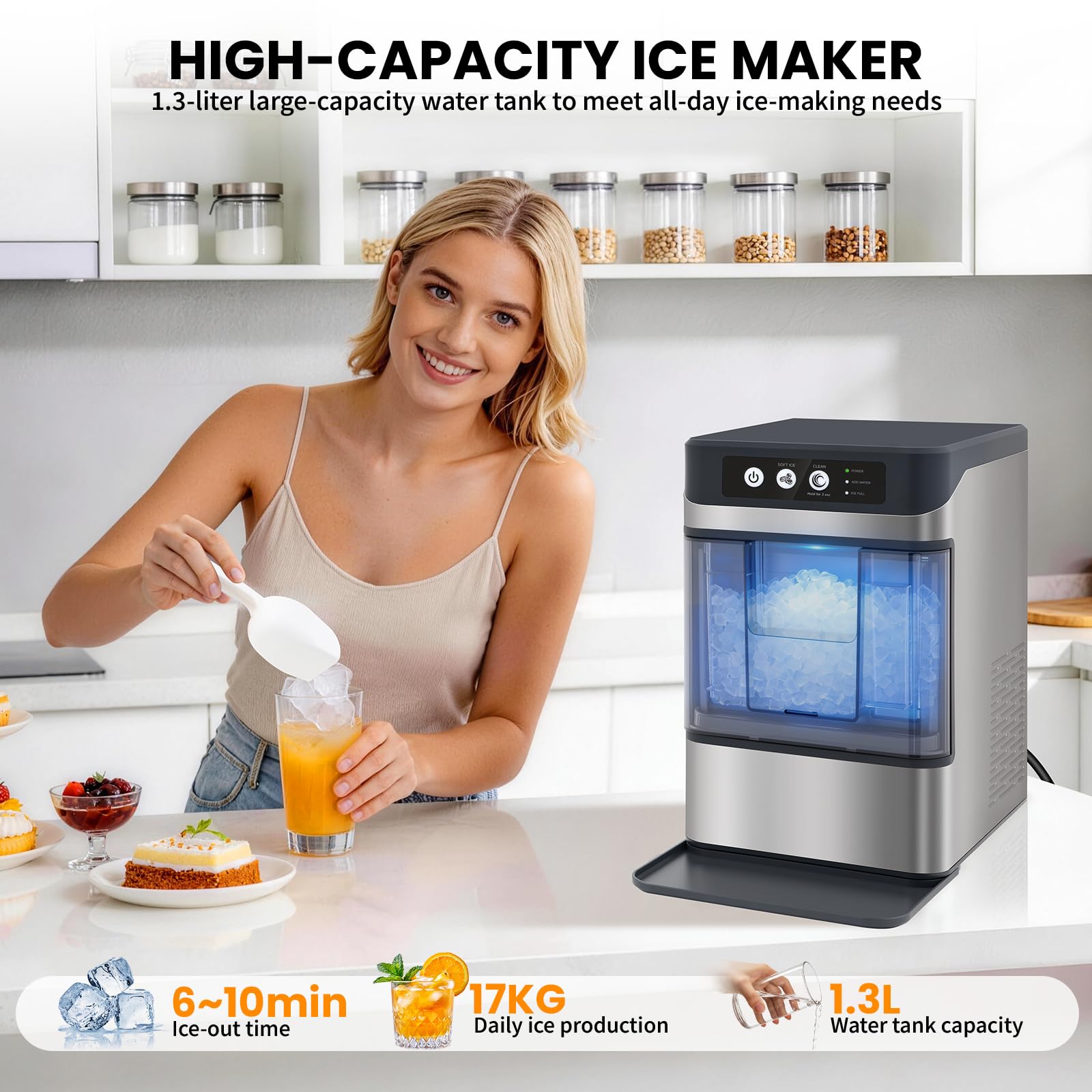 Eiswürfelmaschine 15kg/24h – Nugget-Eis in 6 Min, Crushed Ice, automatische Reinigung, 120W, mit Infrarot-Sensor, energiesparend, Schwarz