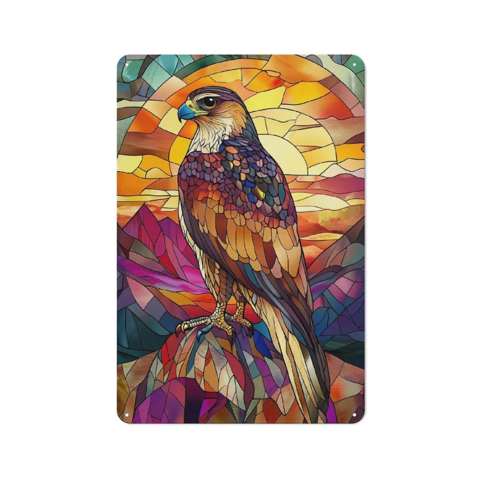 Junmoney Stained Glass Falcon Vintage Metal Gift Sign 30X20cm, Novelty Wall Art For Hallway, Home Bar, Garage Or Study