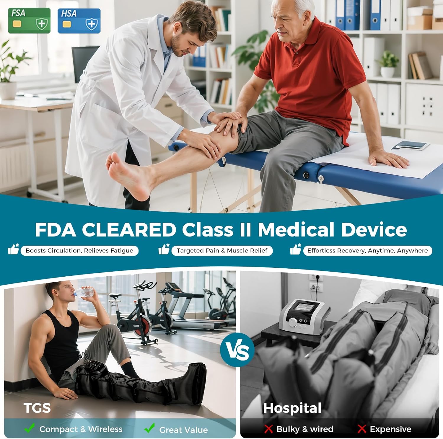 TGS Cordless Leg Massager for Circulation and Pain Relief FSA Air Compression Boots with Rechargeable Battery Portable Full-Leg Massage for Circulation Recovery System 4 Intensities (Single Unit) - Image 2