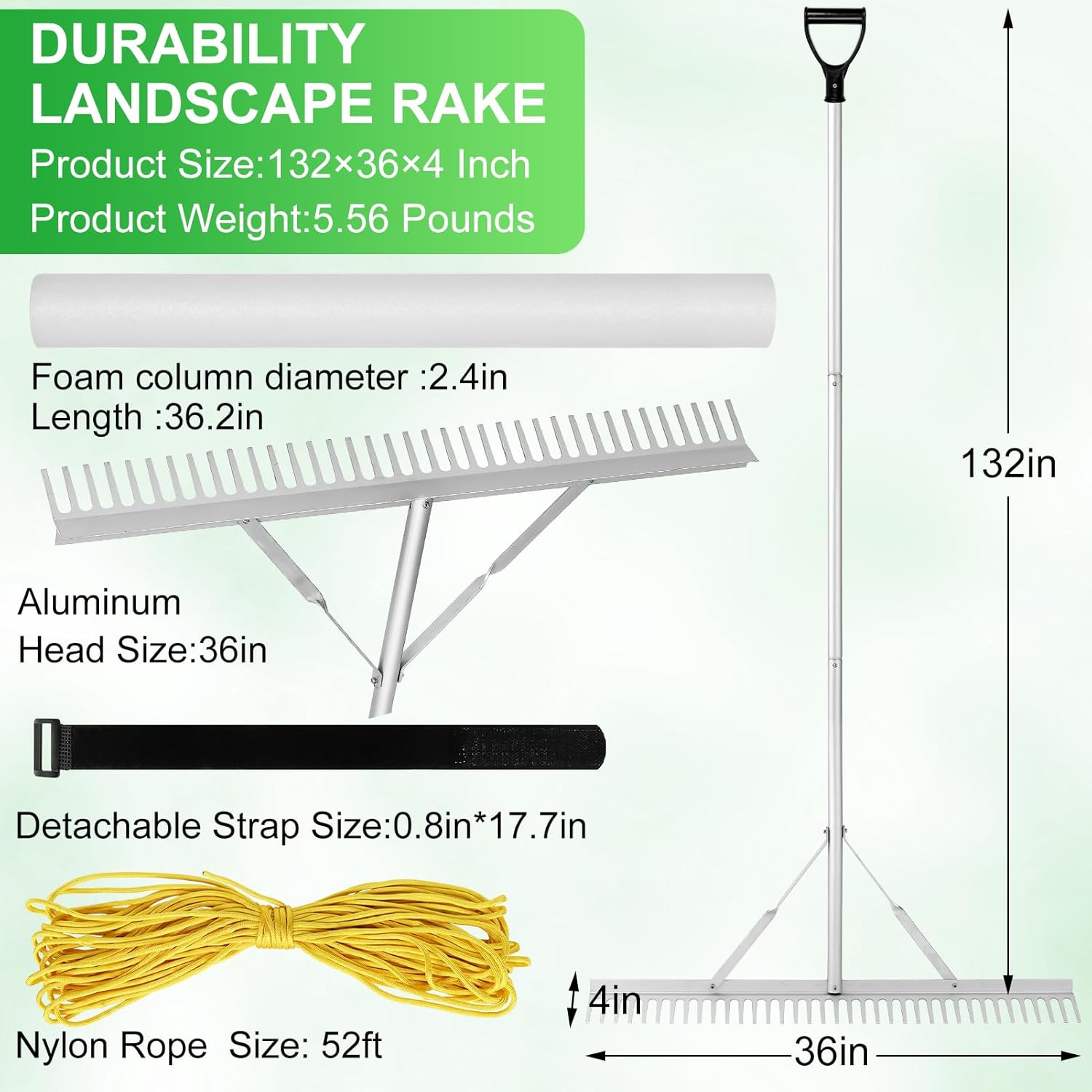 Pond Rake, 36" Aquatic Lake Weed Rake with 11'(132'') Adjustable Extension Pole, Rope and Float, 52' Throw, Aluminum Landscape Harrow for Lake, Lawns, Gardens, Beach