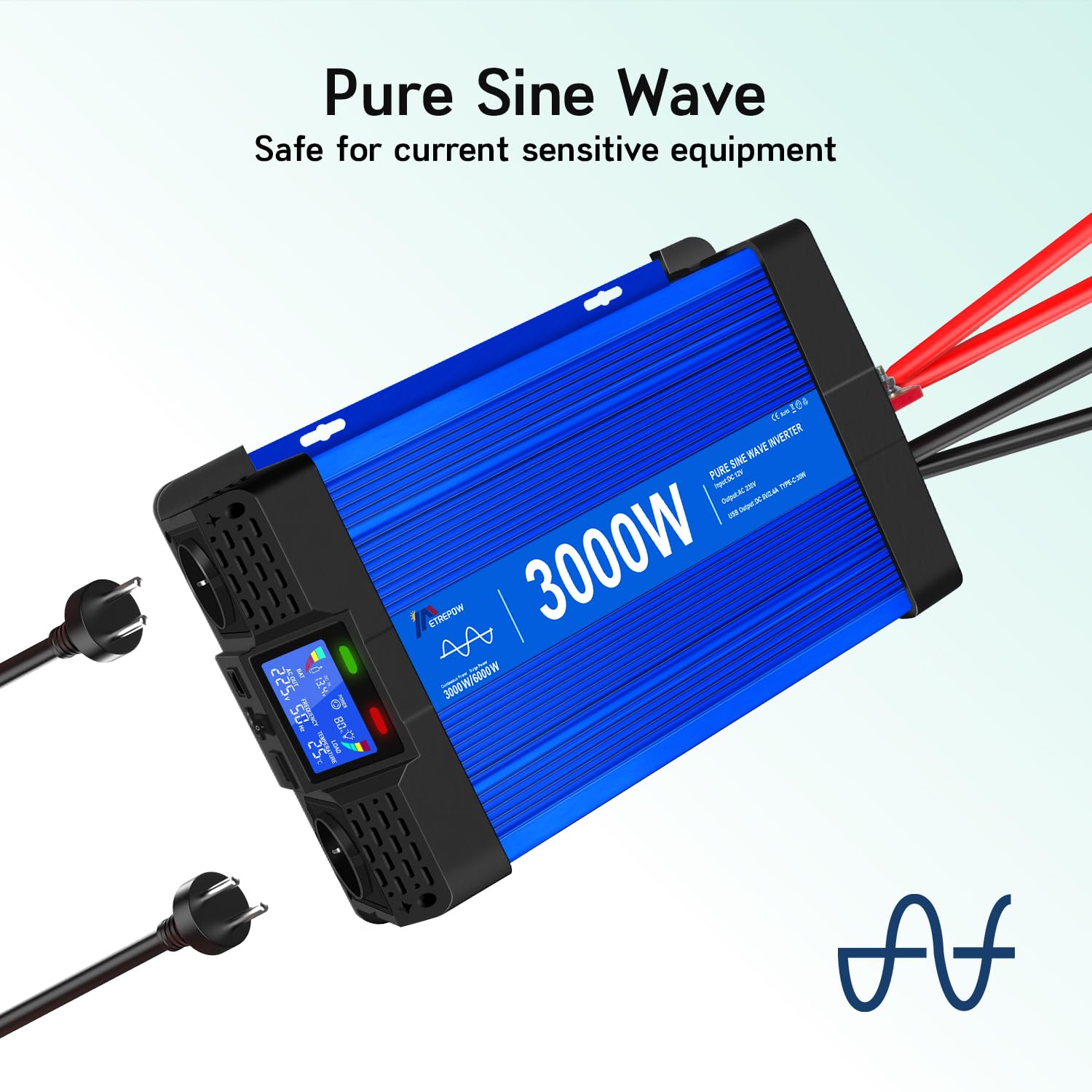 Convertisseur 3000W/6000W 12v 220v Pur Sinus Onduleur, 2 Prises UE, 2 Ports USB+Type-C, adapté aux appareils électroménagers, Camping,Camion