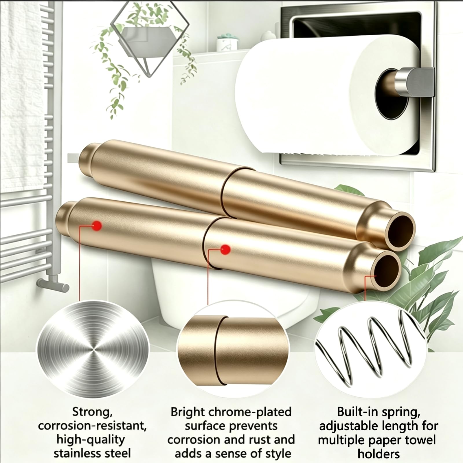 CAPHONT 2 Pcs Toilet Paper Holder Roller Replacement Stainless Steel Adjustable Toilet Tissue Roll Spring Rod Replacement Spindle Fit for Bathroom Tissue Holder, Champagne — Amazon image 6