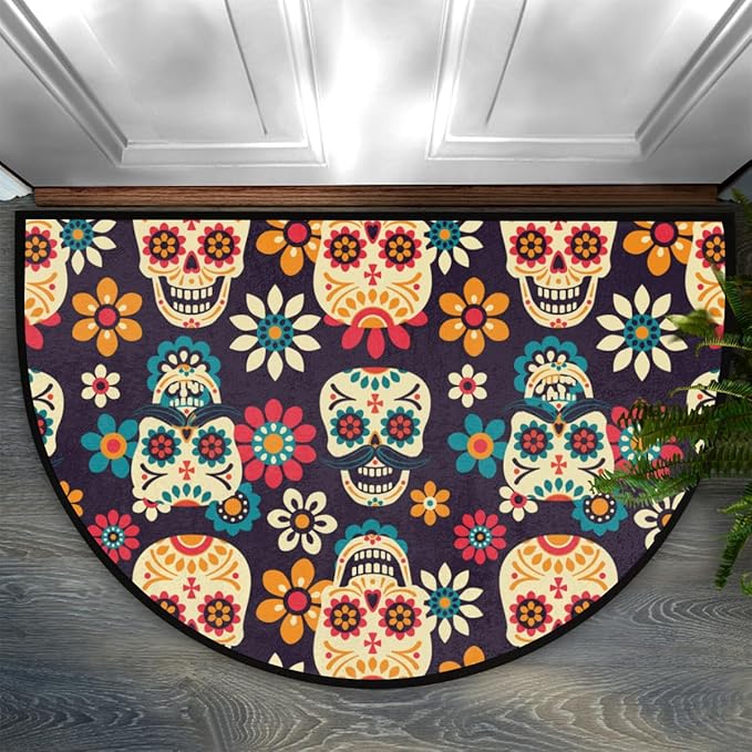 Mexican Sugar Skull Flower Half Round Door Mat Indoor Entrance Half Moon Rug Area Rug Low Pile Non Slip Absorbent Semi Circle Welcome Mats for Kitchen Patio Home Decoration 36x24 Inch