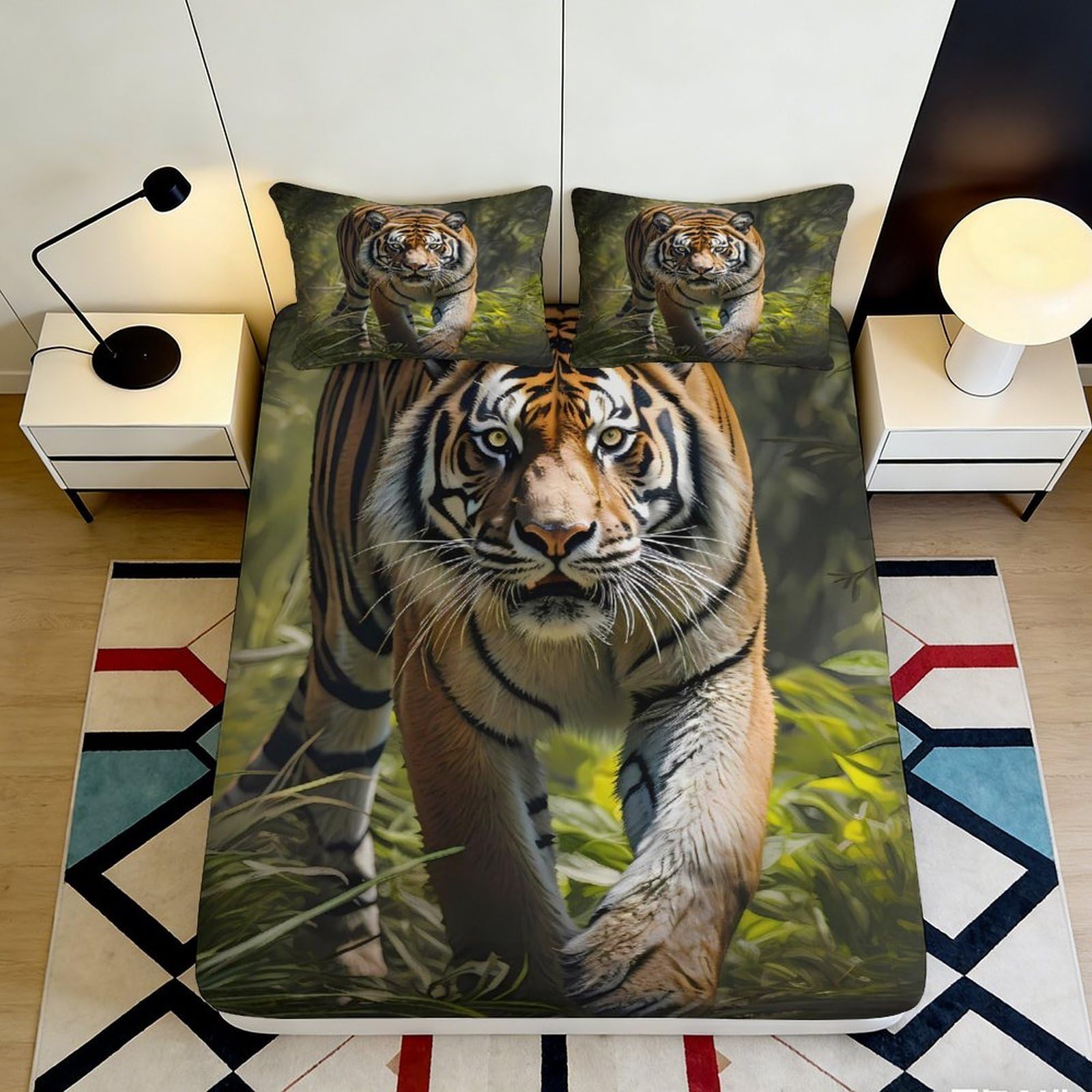 3D Printed Jungle Tiger Fitted Sheet Microfiber Deep Pocket Bedroom Bedding Set Jungle Style Mattress Fitted Cover Non-Slip Washable 200x200x25cm