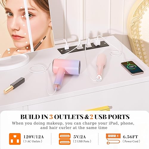 Miniatura 2 de Cyclysio Escritorio de tocador con estación de carga, tocador de maquillaje blanco con espejo iluminado, tres pliegues, juego de tocador pequeño con