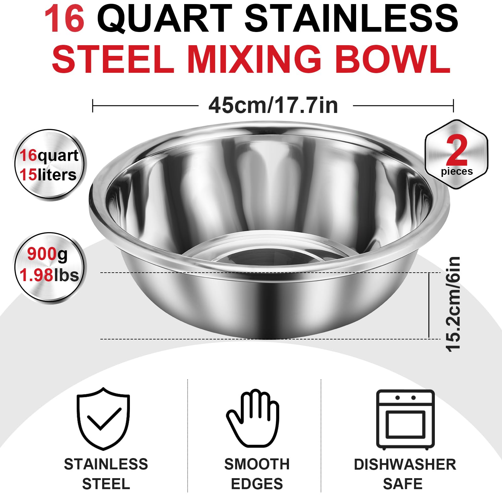 FillTouch Confezione da 2 ciotole grandi da 16 litri, multiuso, in acciaio inox 304 lucidato a specchio, base piatta, ciotola in metallo per preparazione domestica o commerciale, cottura, miscelazione