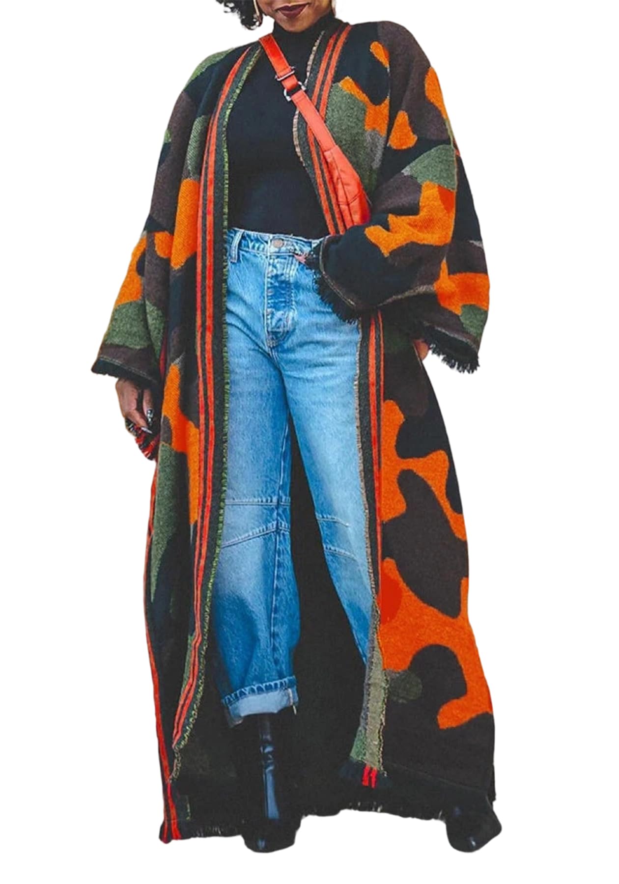 Long Cardigans Sweaters for Women Winter Cable Knit Open Front Chunky Oversize Camo Striped Poncho Fringed Duster Coat