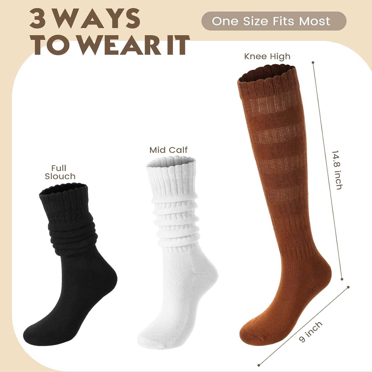 3 Pairs Slouchy Socks for Women, Long Chunky Knee High Scrunch Socks Women's Fall Winter Socks Size 5-11