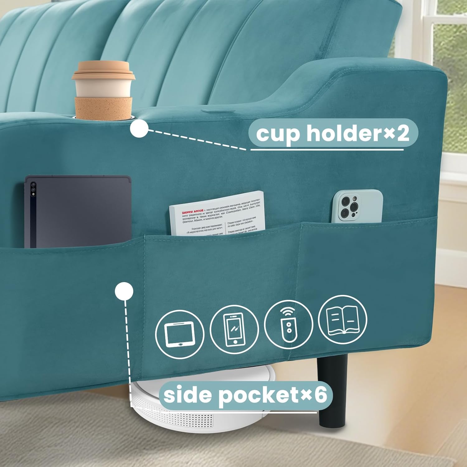 Brelice Futon Sofa Bed, 80" Sleeper Loveseat, Futon Couch with Cup Holders & Side Pockets, Velvet Sofa Cama for Living Room and Small Space,Teal