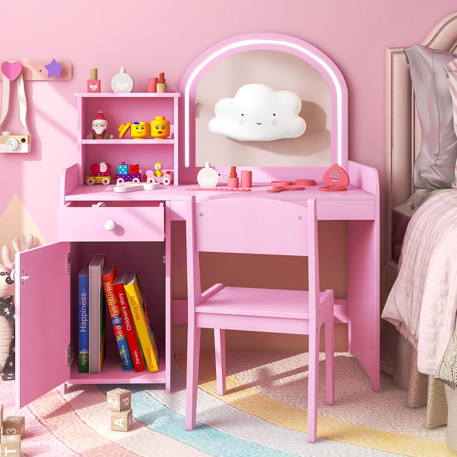 LIFEZEAL Make-uptafel voor kinderen, 2-in-1 make-uptafel met kruk, kaptafel met drievoudig gevouwen spiegel en lade, make-uptafel voor kleine kinderen, meisjes, met accessoires (wit