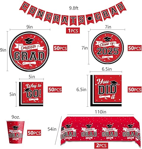 Miniatura 3 de DAZONGE Decoraciones de graduación 2025 rojo y negro, kit de vajilla desechable para 50 invitados, platos, servilletas, vasos, mantel y decoraciones