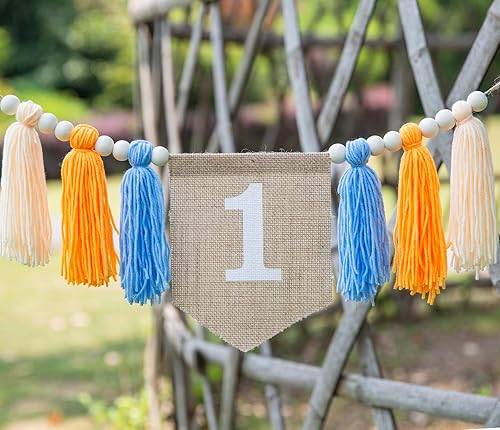 Miniatura 5 de Lintran Cartel de arpillera para el primer cumpleaños, guirnalda bohemia para silla alta, pancarta rectangular de yute blanco