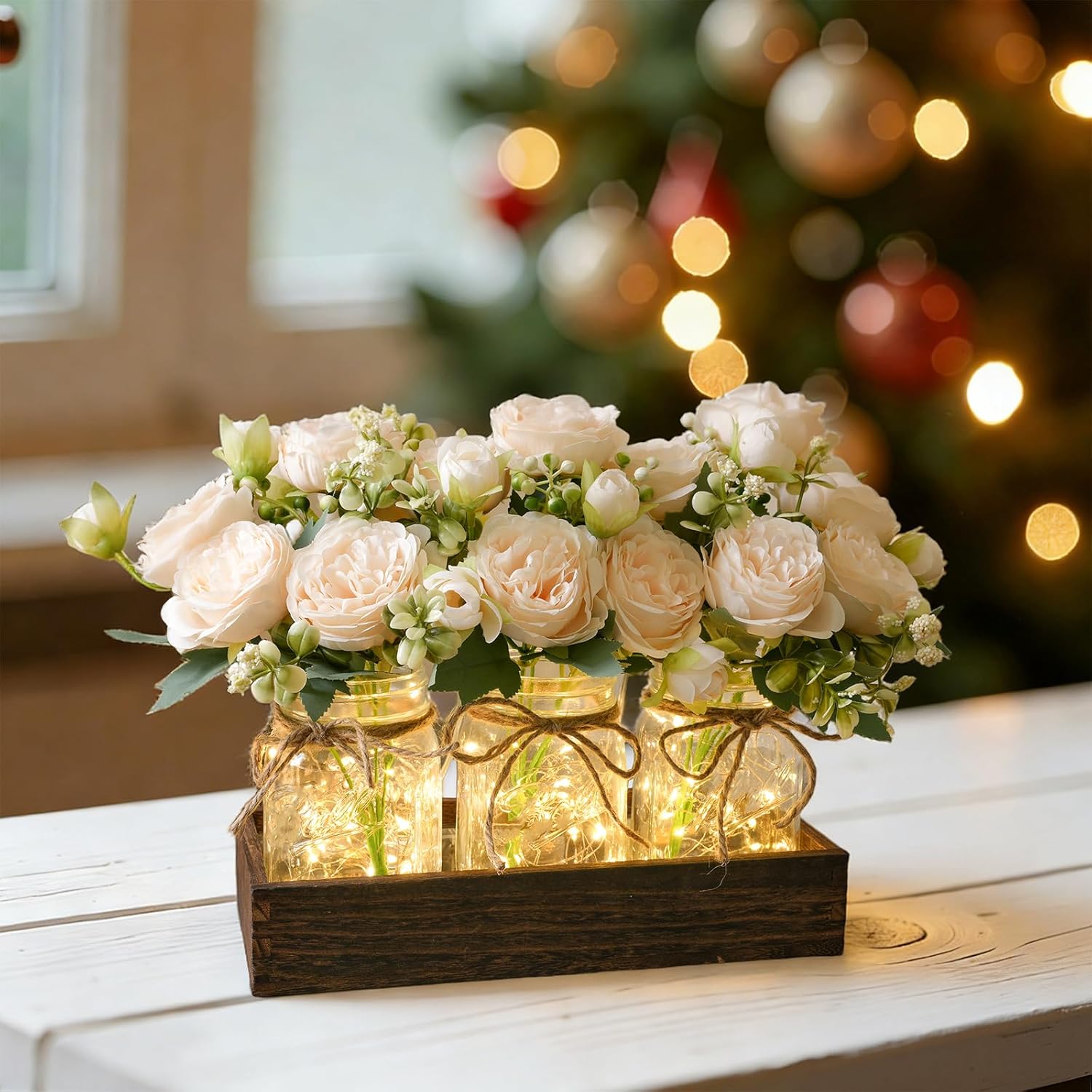 LUEUR Mason Jar Lights Centerpiece with Farmhouse Wood Tray – 3 Jars with Champagne Peony Spring Flowers, Rustic Spring & Wedding Decoration for Dining Table, Coffee Table, Kitchen & Living Room