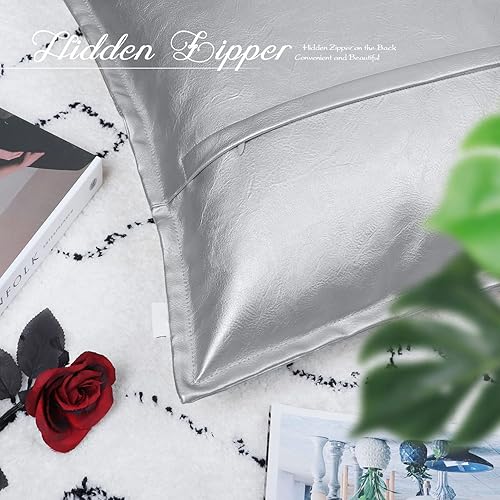 Miniatura 6 de BRAWARM Almohada de cuero plateado de 16 x 16 pulgadas, funda de almohada de piel sintética con ribetes, fundas de almohada decorativas de cuero