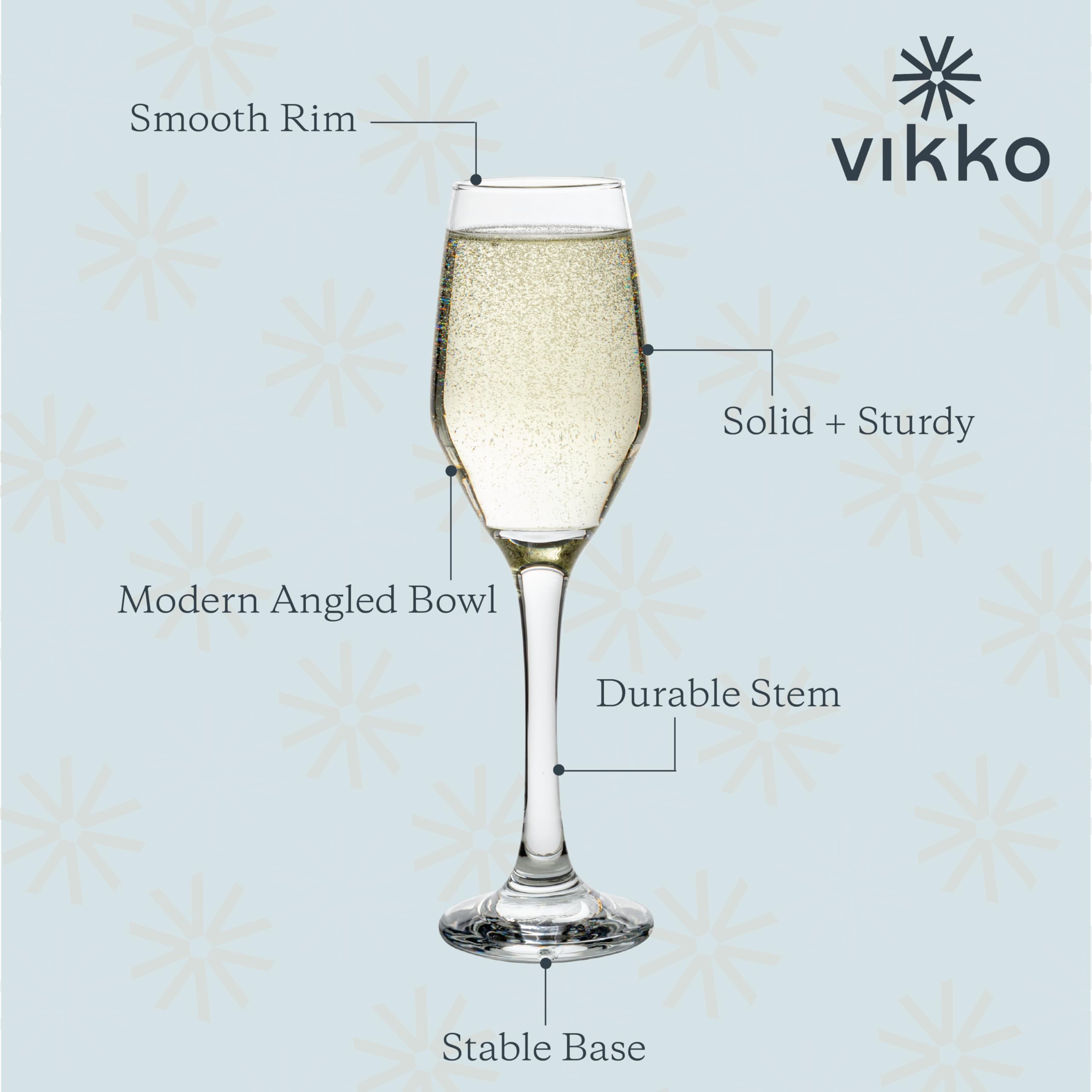 Vikko Champagne Flutes, Set of 6 Elegant Champagne Glasses, 7.75 Ounce Capacity, Exquisite Design, Wedding Champagne Flutes for Toasts and Special Occasions, Housewarming Gift, Dishwasher Safe