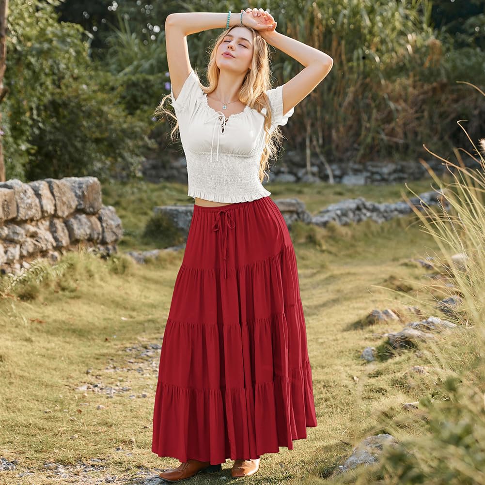 SCARLET DARKNESS Jupe longue bohème fluide pour femme avec taille élastique et cordon de serrage - Jupe trapèze à volants avec poches