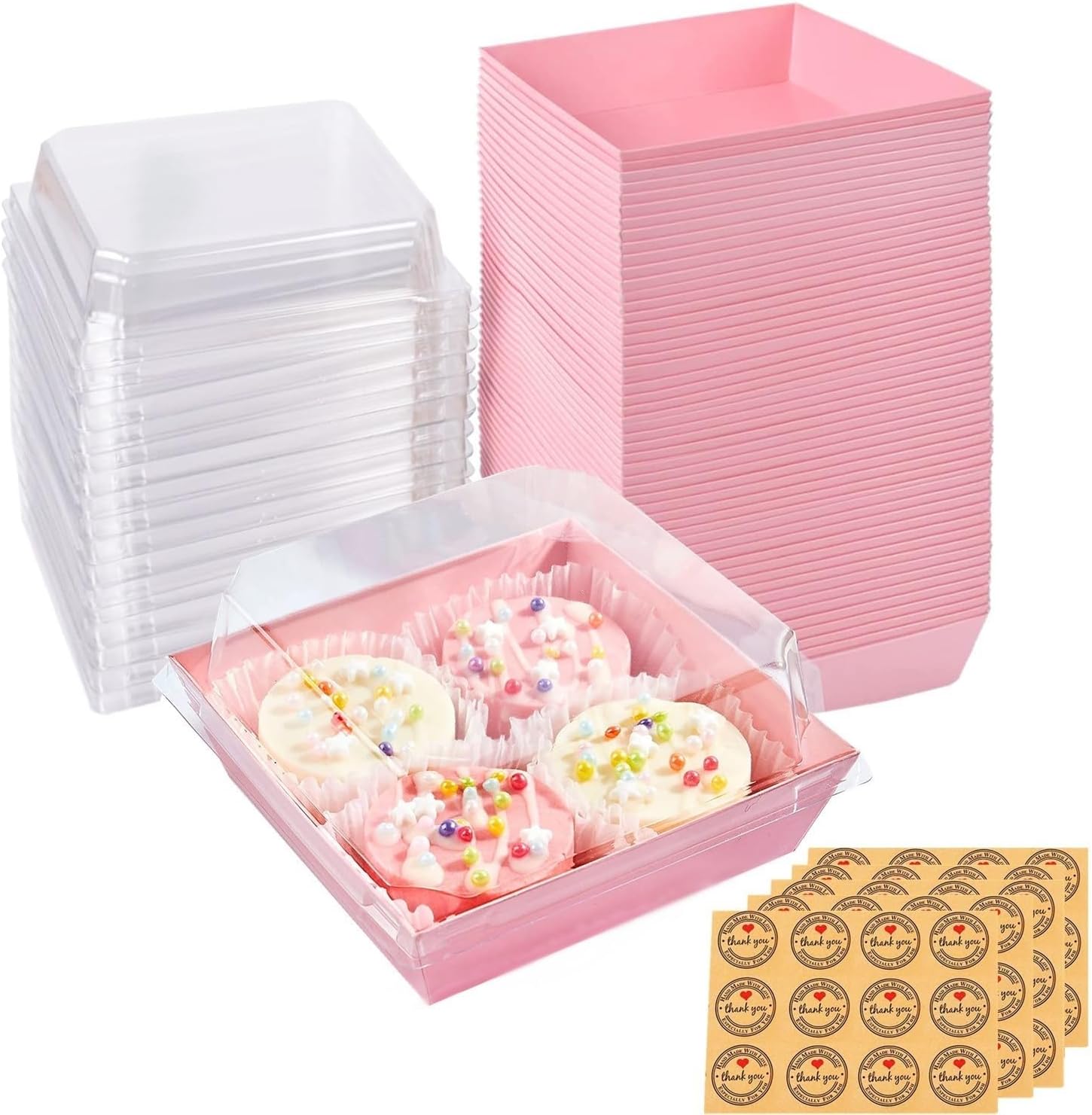 GUIFIER 50 Pack Paper Charcuterie Boxes with Clear Lids, Disposable Sandwich Boxes, Square Pink Paper Food Containers Bakery Boxes for Slice Cake, Cupcakes, Muffin,Cookies,Hot Cocoa Bombs,Strawberries