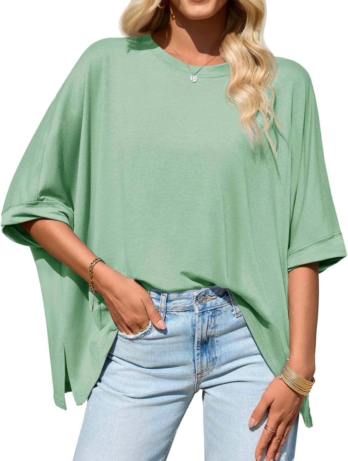 Tankaneo Womens Oversized Tshirts Batwing Short Sleeve Asymmetric Hem Tops Summer Casual Loose Fit Tunic Tee Shirts