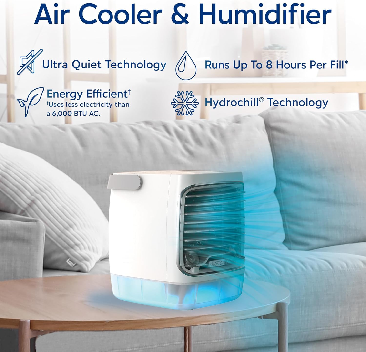 Ontel Arctic Air Turbo Chill Evaporative Cooler with HydroChill Technology, 4-Speed Portable Air Cooler Fan, Up To 8 Hr Per Fill, 7-Color LED, Simple & Whisper Quiet Operation, for Home or Office Use