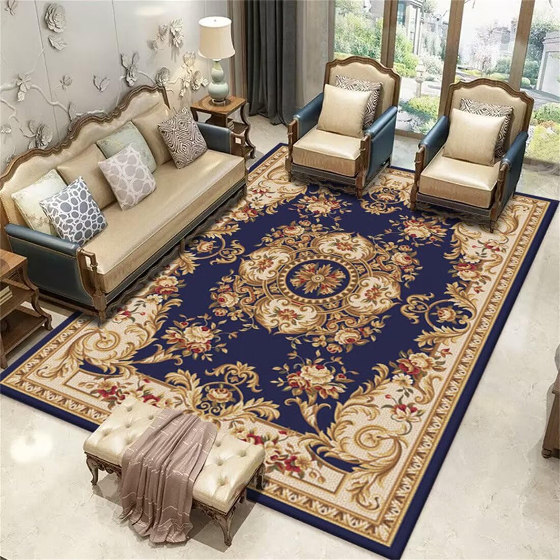 Moquette salon bleu floral vintage 90x150cm pour isoler un sol de couloir