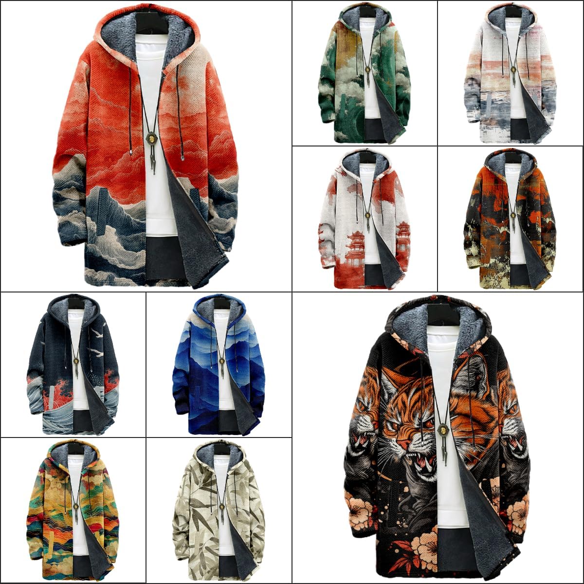 MARSVOVO Japanese Art Long Hooded Cardigan Sweater for Men Casual Full Zip Fleece Lined Knit Graphic Jacket with Pockets - Image 4