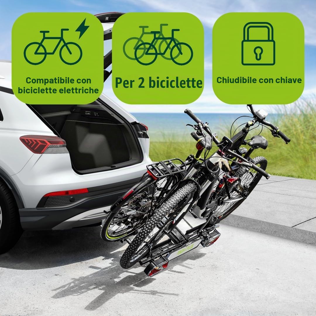 EUFAB 12012LASON - Portabici Poker-F Plus, con supporto per telaio chiudibile, adatto per e-bike, completamente premontato, per 2 biciclette, per gancio di traino, nero