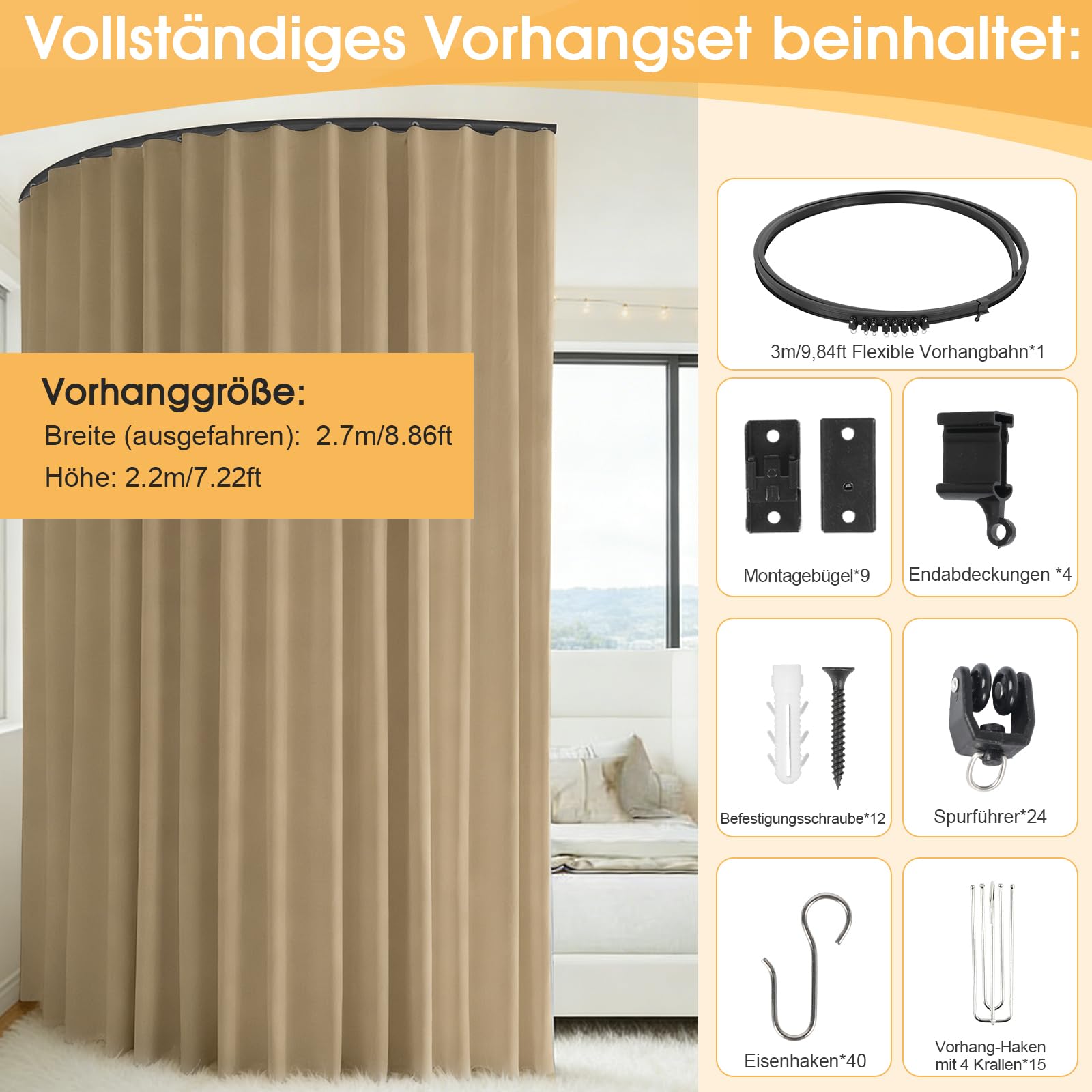 Tenda divisoria con binari, tenda divisoria extra larga, oscurante, con guida flessibile per soffitto, opaca, isolamento termico, isolamento acustico, divisorio (beige, 2,2 x 2,7 m)