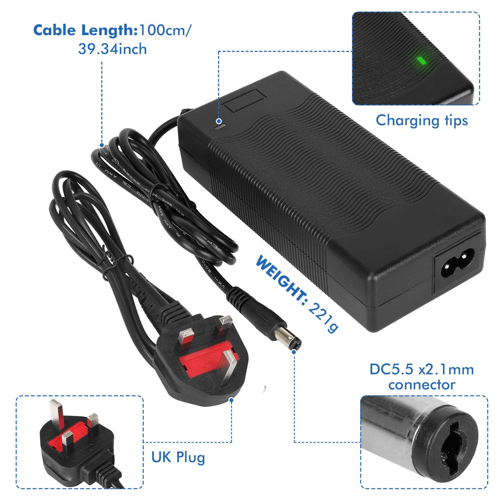 42V 2A Caricatore Adattatore per Scooter Elettrico, 36V Caricabatteria di Alimentazione Universale con 6 Connettori per Hoverboard, Scooter Xiaomi Ninebot,Bicicletta Elettrica, Drifting Board