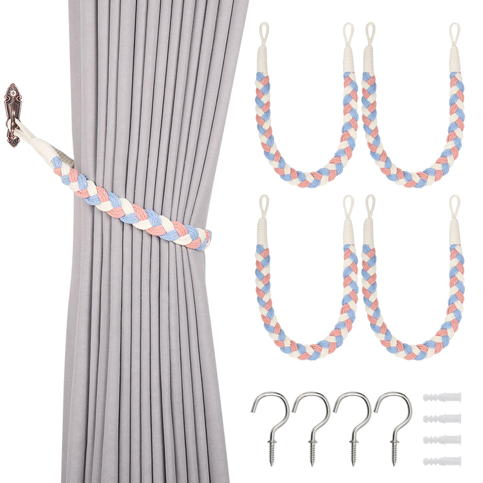 Pretty Jolly 4 Pack Natural Cotton Rope Curtain Tiebacks Elegant Boho Style Decorative Drape Tie Backs Soft Hand-Woven Rope Curtain Holdbacks with Metal Hook for Home & Office Drapery (Blue & Pink)