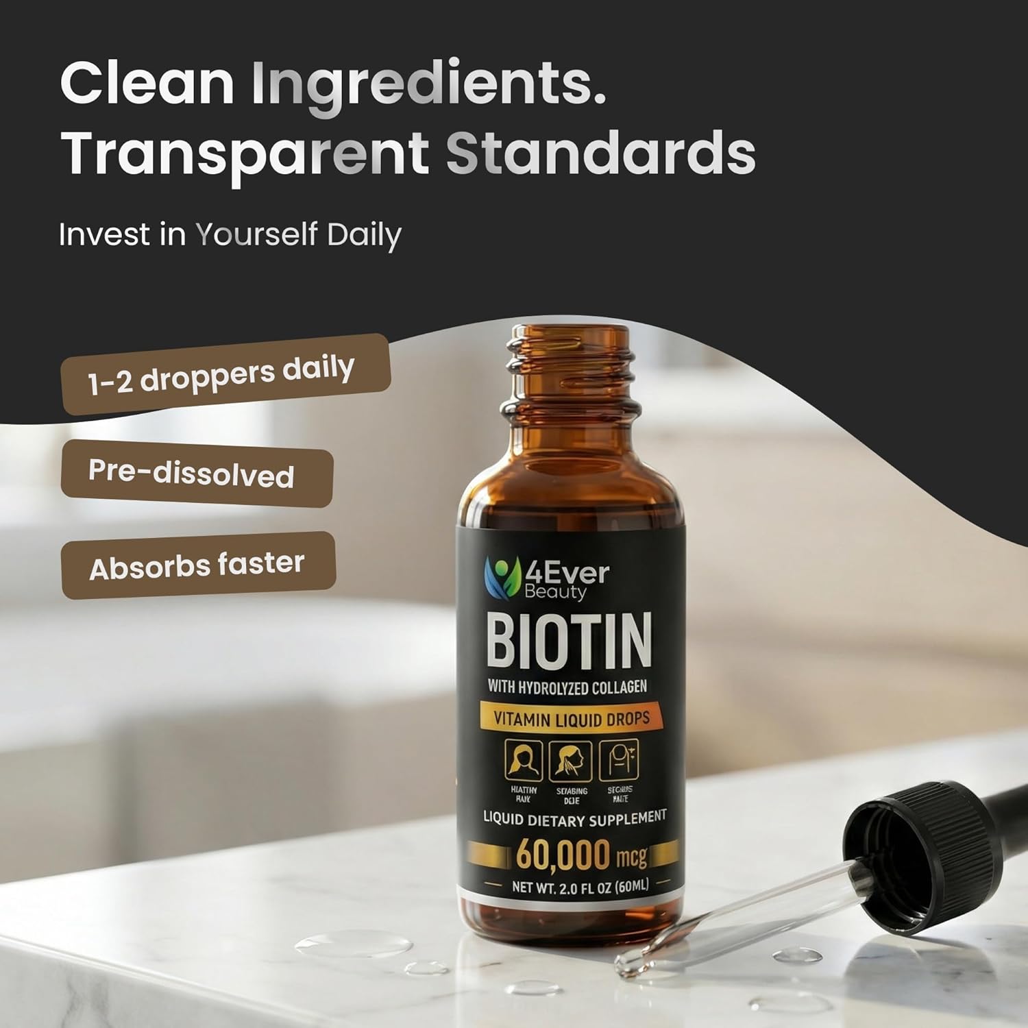 Liquid Biotin & Collagen Drops with Aloe Vera – Unique Formula 60,000 mcg - Vitamins for Hair Growth support, Strong Nails & Radiant Skin – Liquid Collagen Supplement for Women & Men – 2 fl oz - Image 6