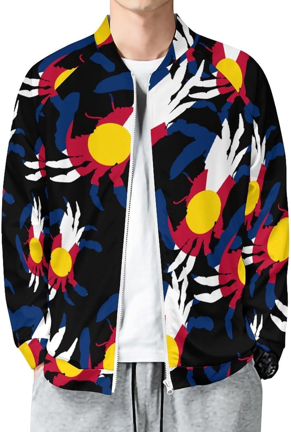 Colorado Flag Crab Men's Zip Up Sweatshirt Casual Sweater Jackets Long Sleeve Tops Lightweight Coat