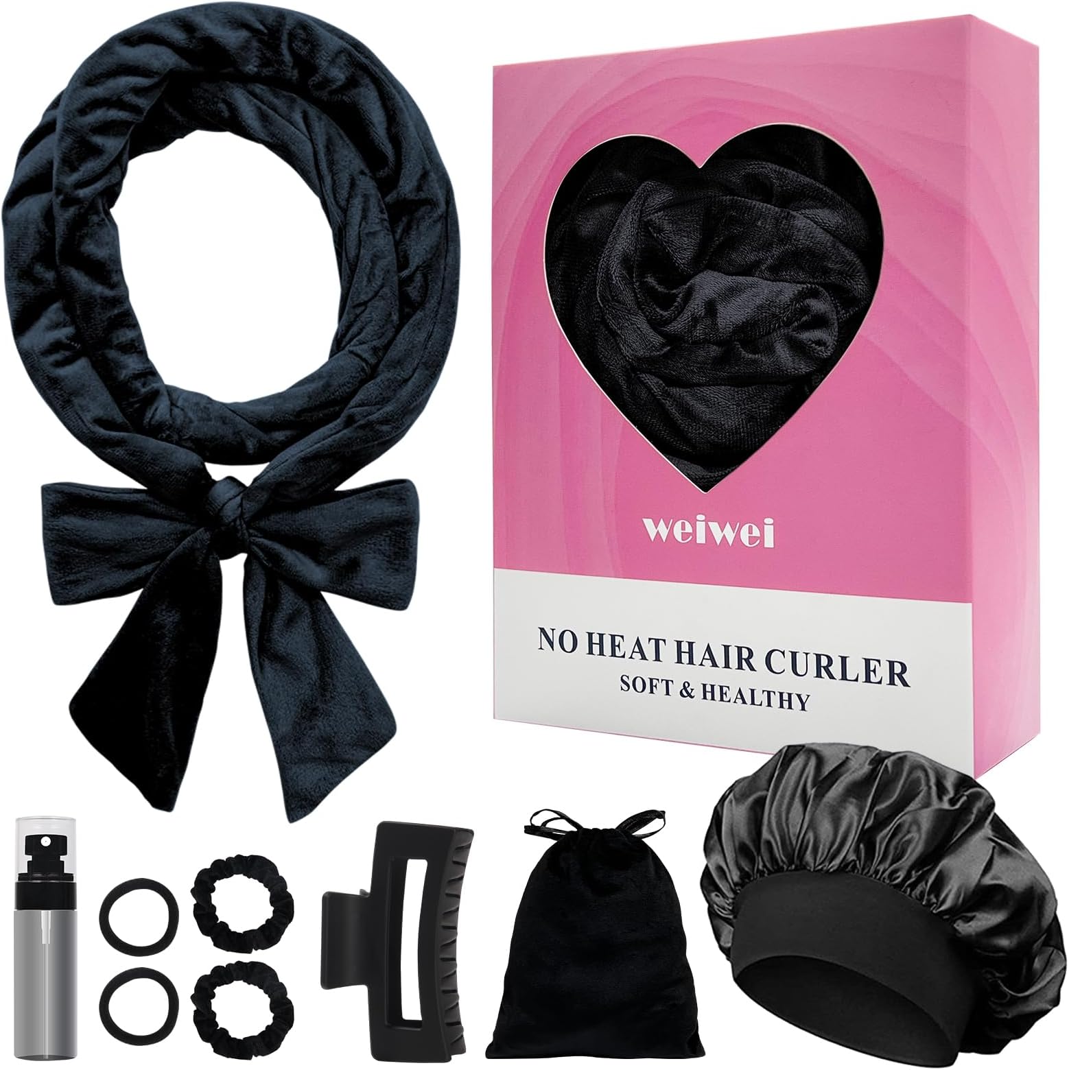 weiwei Heatless Curlers Headband, Heatless Overnight Curls Hair Curlers No Heat, 70" Soft No Heat Hair Curlers, 9 PCS Curling Rods Gift Set for Women Long Wave Hair Volume -Black