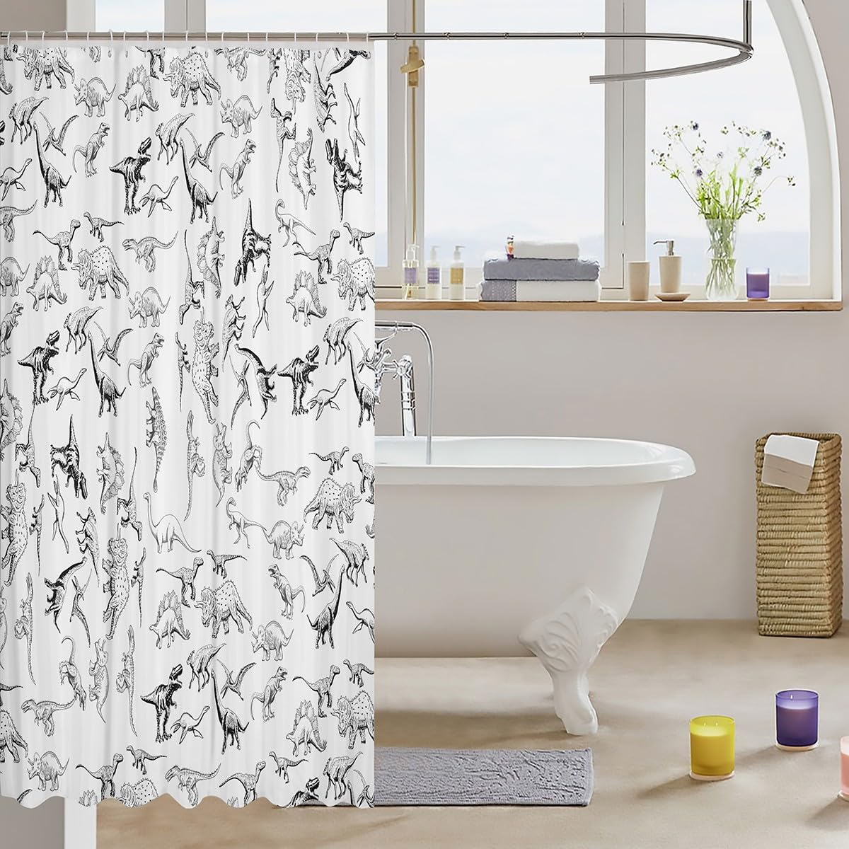 Feelyou Dinosaur Bath Curtain 72"x84" 3D Digital Print Shower Curtain for Kids Boys Girls Decor Jungle Dino Bathroom Shower Curtain Set Wild Animal Black and White Kids Bathroom Accessories