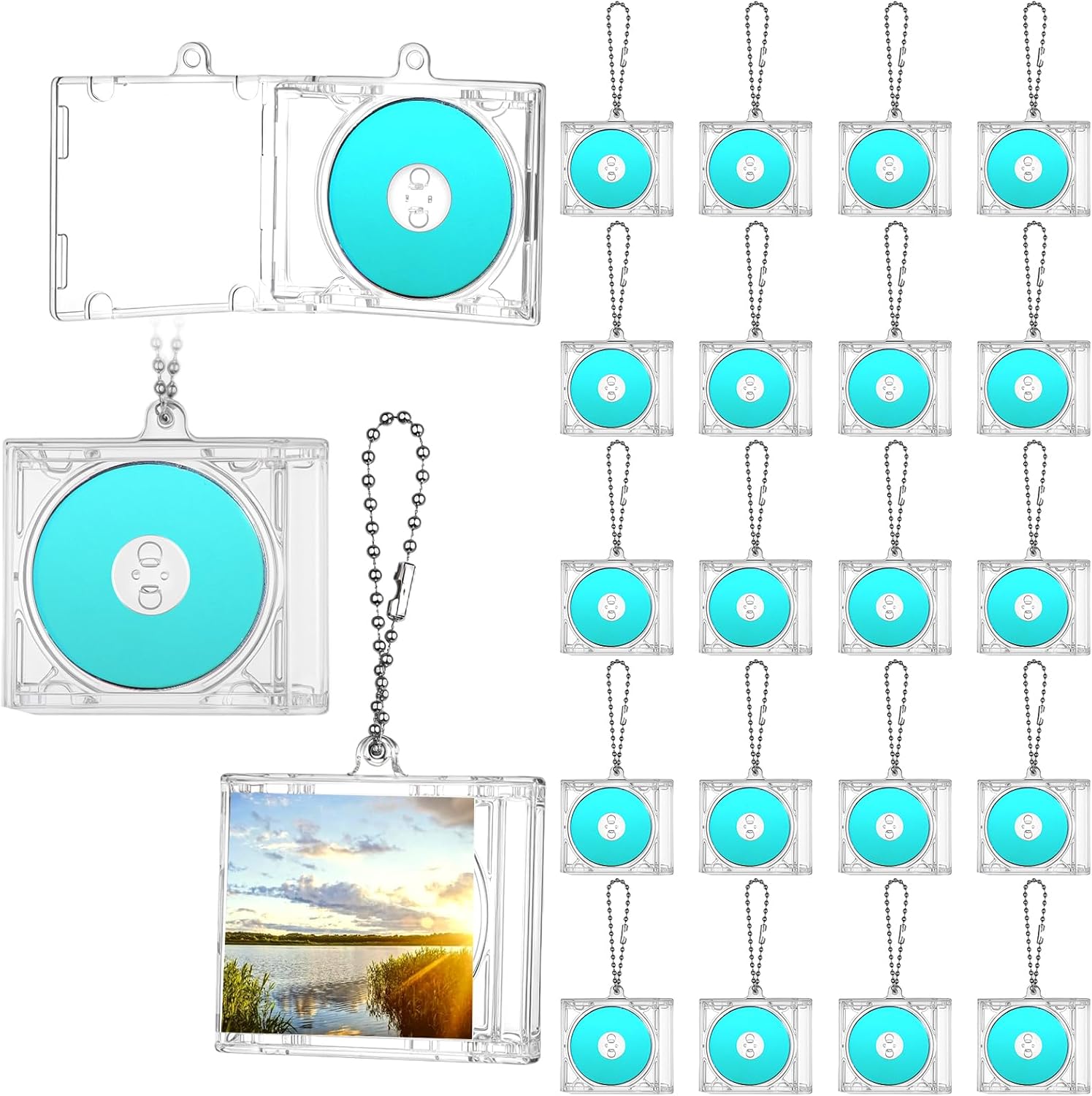20 Pcs Mini Cd Keychain Album Cases with Mini CD, Plastic Cd Cases Clear DVD Cover Bulk DVD Jewel Keyring Music Blank Mini Compact Disc Holder Pendant Personalized for DIY Backpack Hanging Decor Gifts