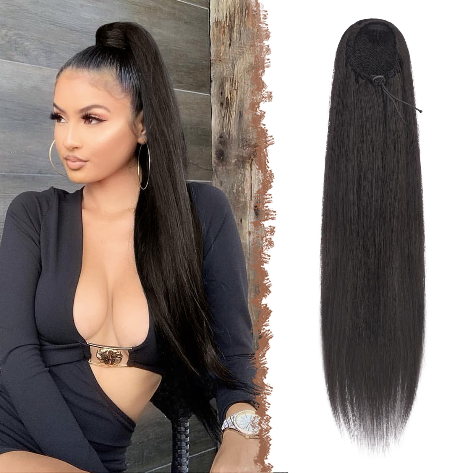 FESHFEN Drawstring Ponytails Extension Long Straight Pony Tails Natural Synthetic Hair Piece Clip in Ponytail Hairpieces for Women, Black Brown 20