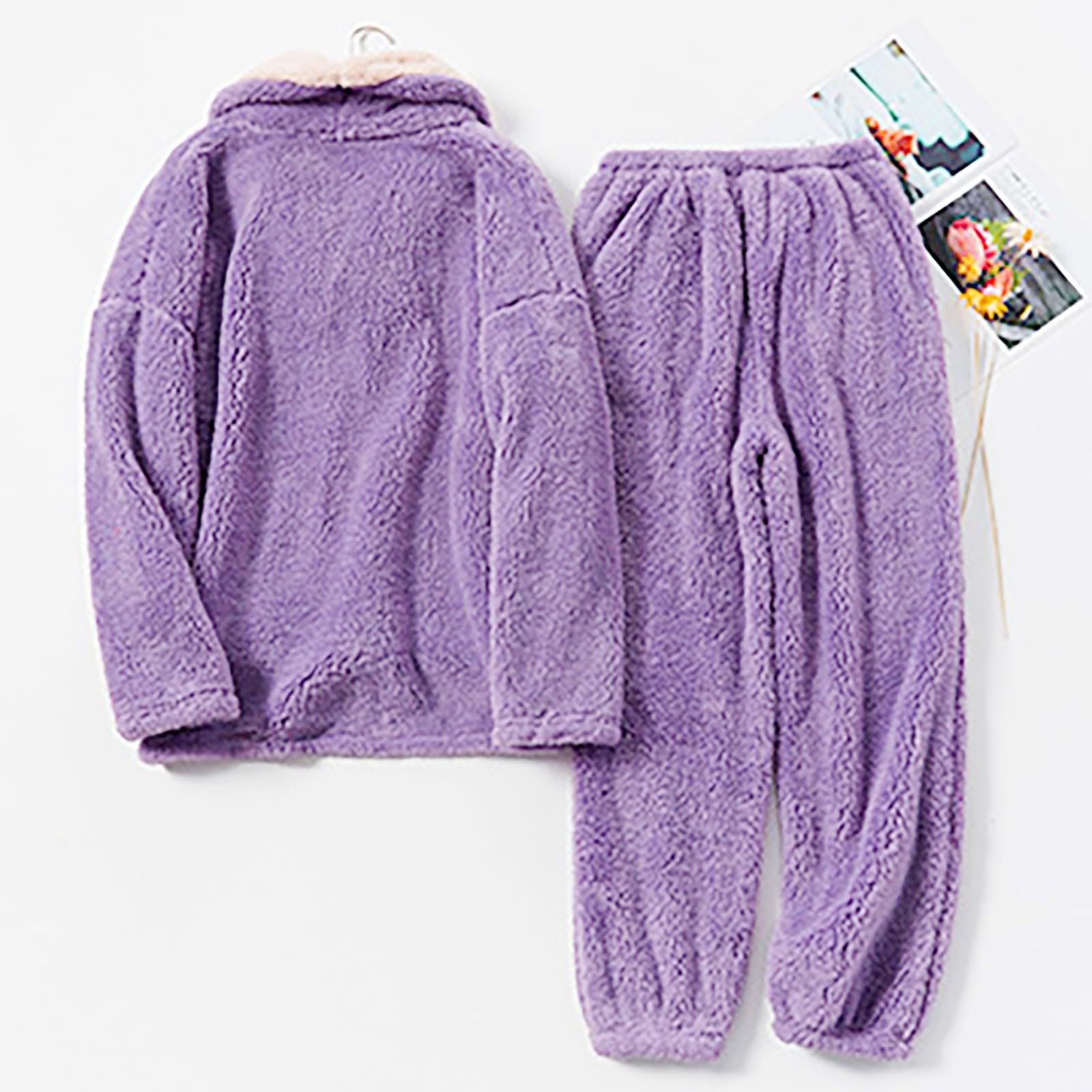Conjunto de ropa de descanso para mujer, de forro polar, pijama esponjoso para mujer, talla grande, cuello en V, con cuello, suéter de franela, grueso, térmico, de dos piezas, cómodo, ropa de dormir