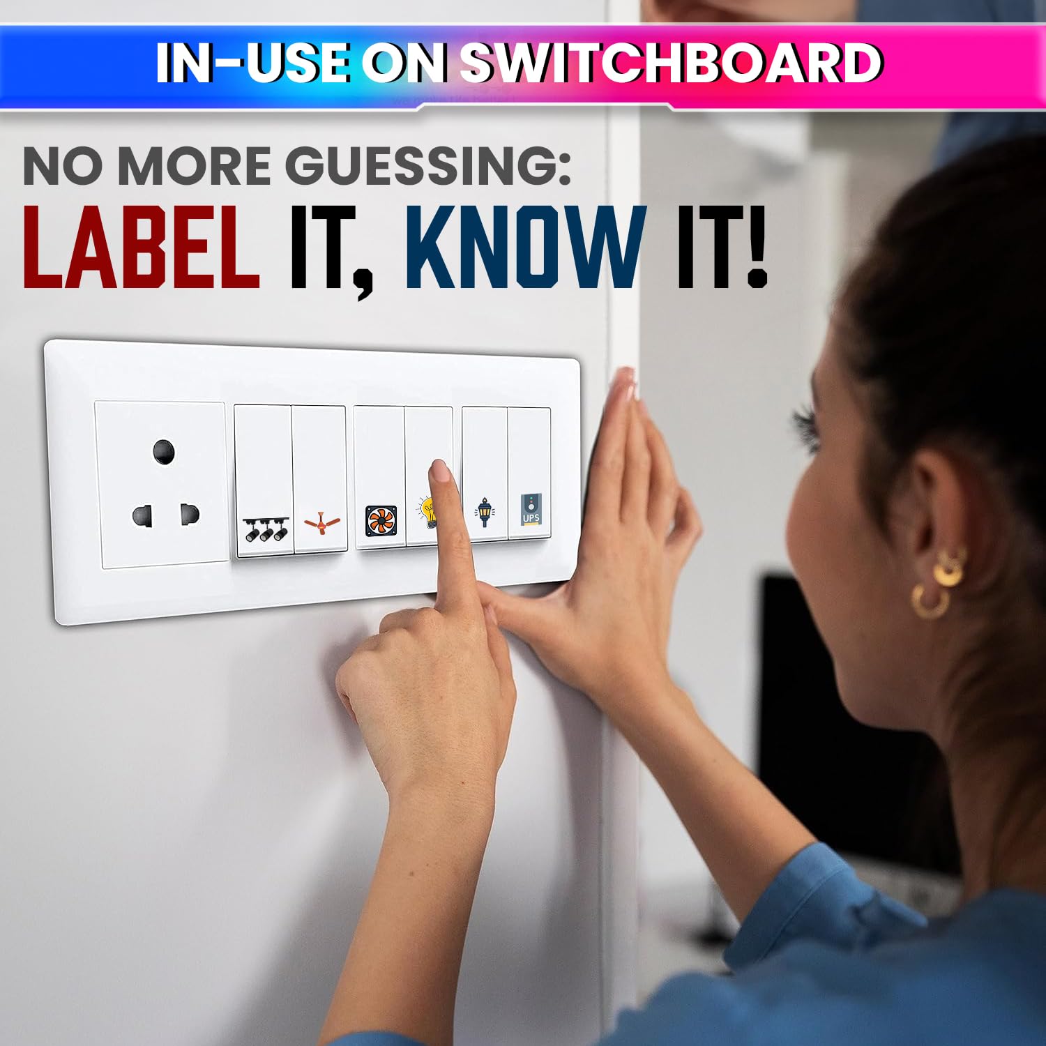 amiciCare Switch Board Stickers – 42 Embossed Self-Adhesive Unique Design 1
