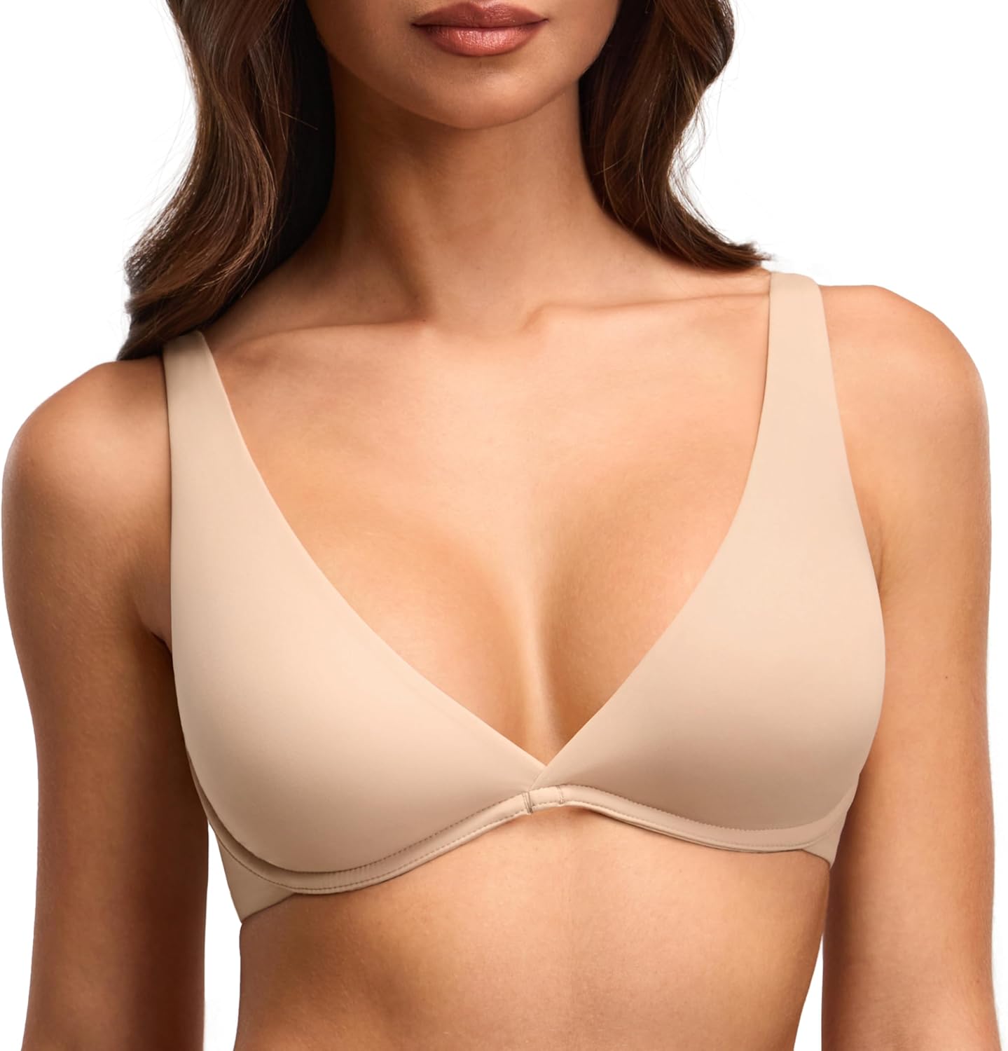 DOBREVA Women's Plunge Plus Size Unlined Bra Seamless Deep V Underwire Lounge Bras Comfortable