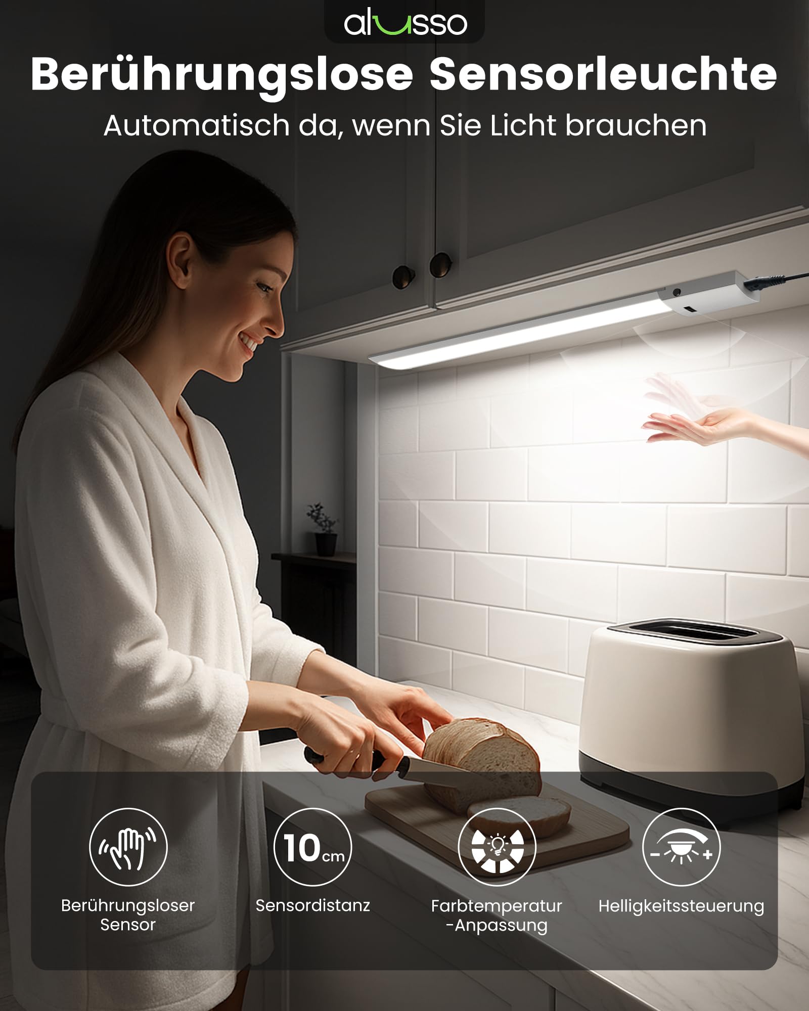 ALUSSO 60cm Unterbauleuchte küche LED Dimmbar, 3 Farbtemperatur Lichtleiste mit Berührungsloser Sensor, Ultra Dünn Unterschrank Beleuchtung für Schrank, Regale, Werkbank, 780Lumen