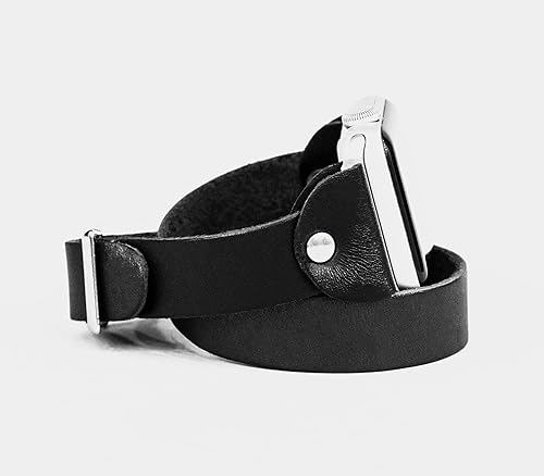 Miniatura 6 de Leather double wrap band strap compatible with Apple watch 38mm 40mm 41mm 42mm 44mm 45mm 49mm, Handmade UA 1810 (black + steel + 6.3-7.3 in + 384041