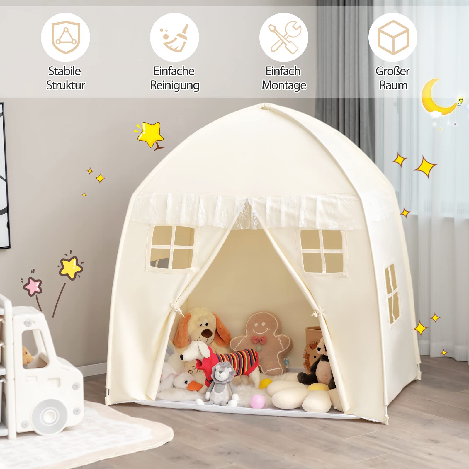 COSTWAY 143 x 100 x 155 cm Spielhaus für 2-3 Kinder, Prinzessin Prinzess Kinderzelt, Kinderspielzelt mit Fenstern und doppeltem Vorhang, Spielzelt In- & Outdoor (Beige)