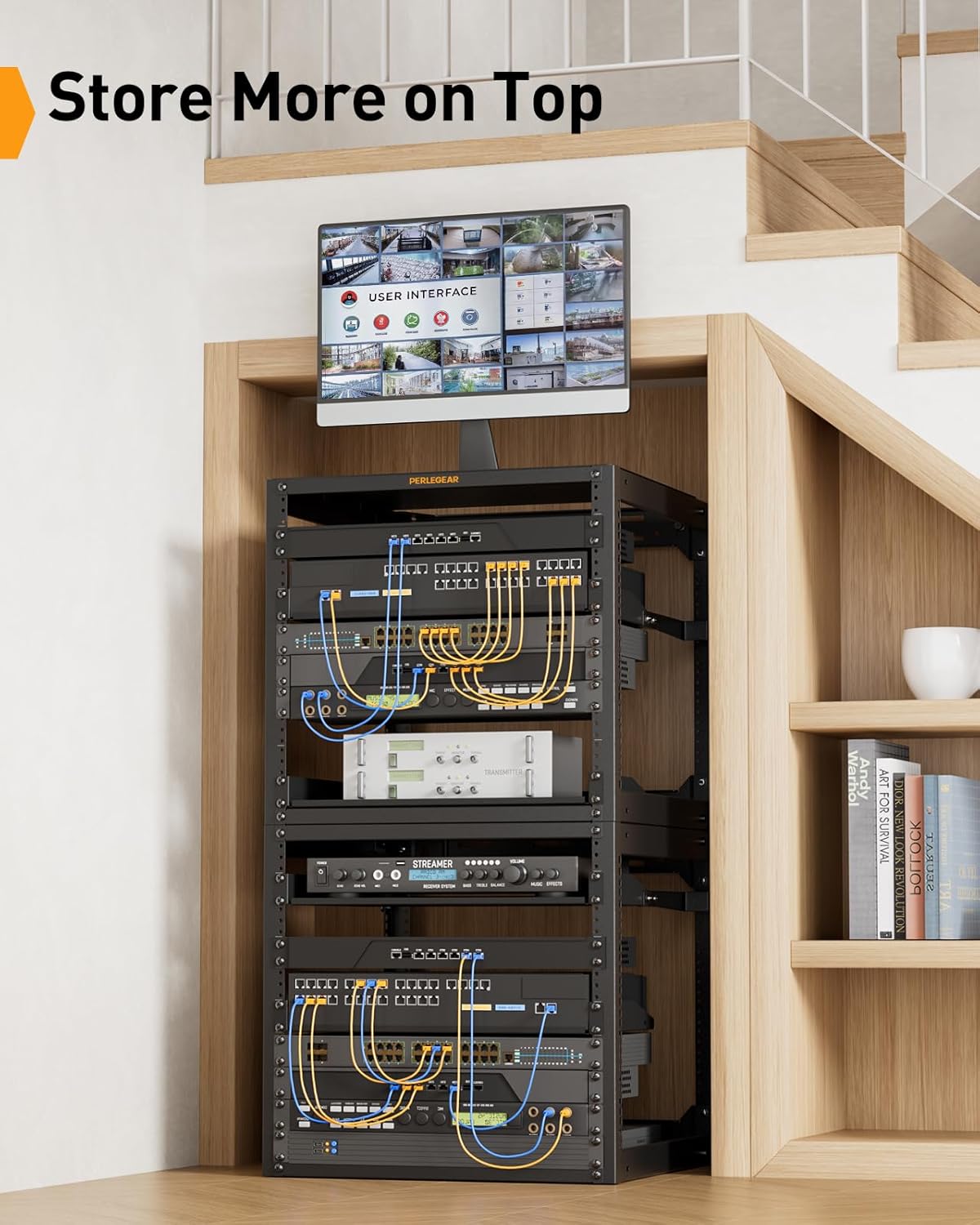 Image showing a Perlegear 10U rack with equipment, positioned under a staircase, demonstrating how additional items can be stored on the top surface of the rack.