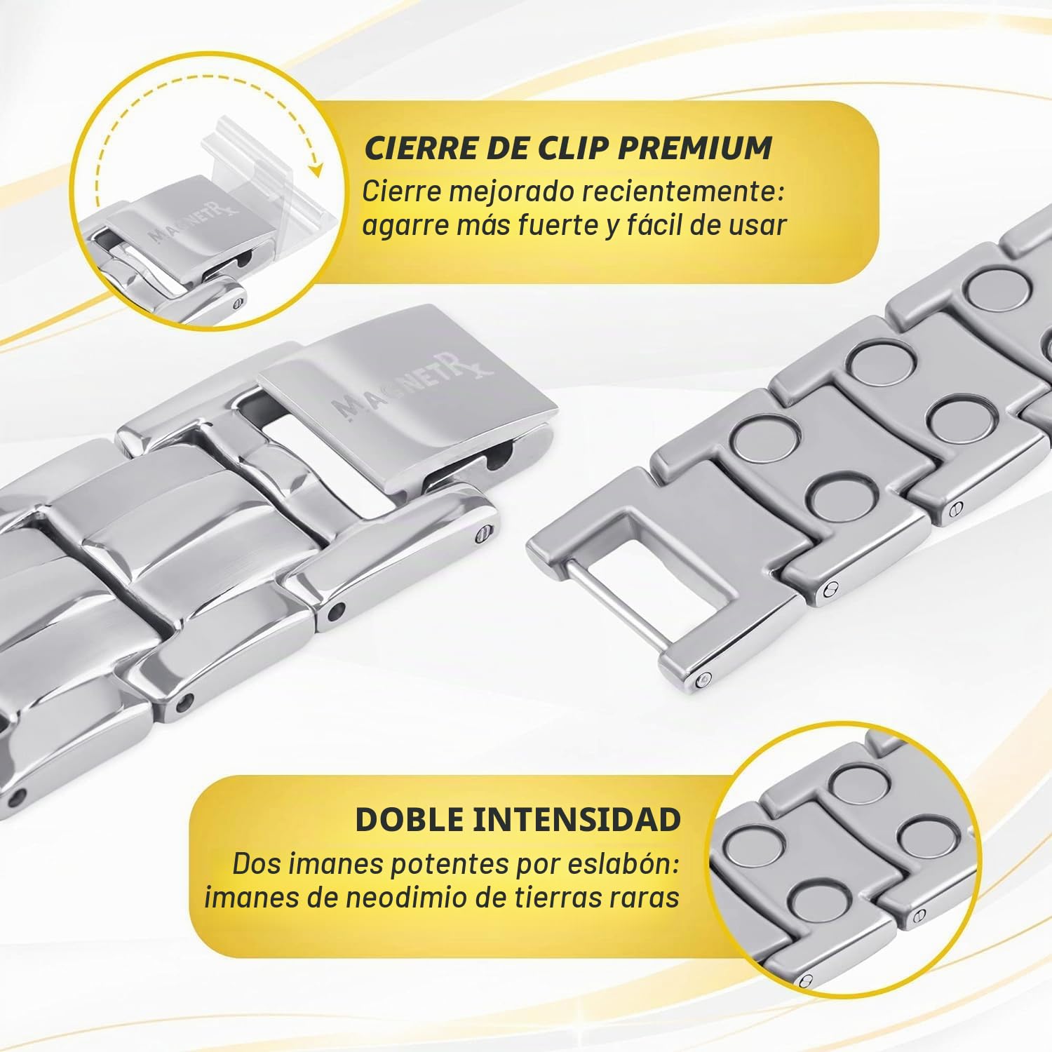 MagnetRX® Pulsera Magnética Ultrarresistente - Brazaletes de Acero Inoxidable para Hombres – Pulsera de Longitud Ajustable con Herramienta de Medición para un Ajuste Perfecto (Plateada)