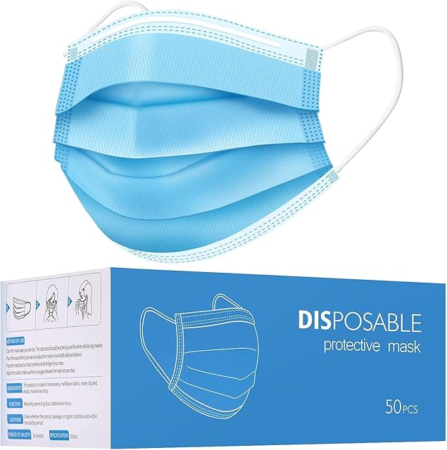 50 pks Disposable Face Mask | Protective 3-Ply Breathable Comfortable Nose/Mouth Coverings for Home & Office | Elastic Ear Loop 3-Layer Safety Shield for Adults/ Kids | UK-Seller (50)