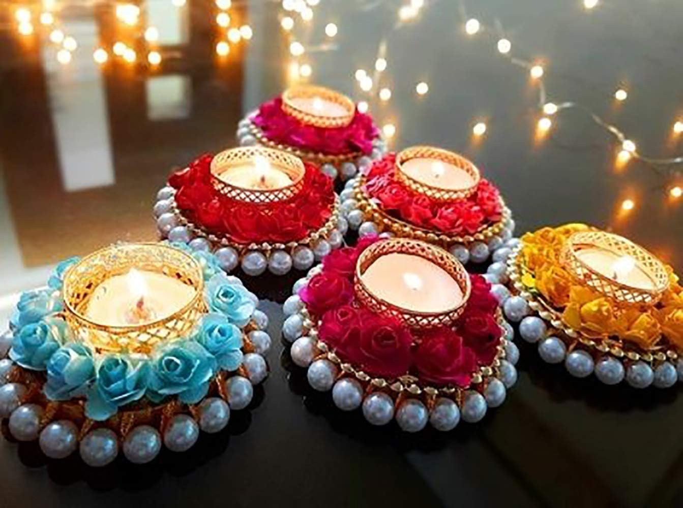 INFISPACEInfispace® Pearl & Floral Metal Tea-Light Candle Stand with Free Wax Candles (5)