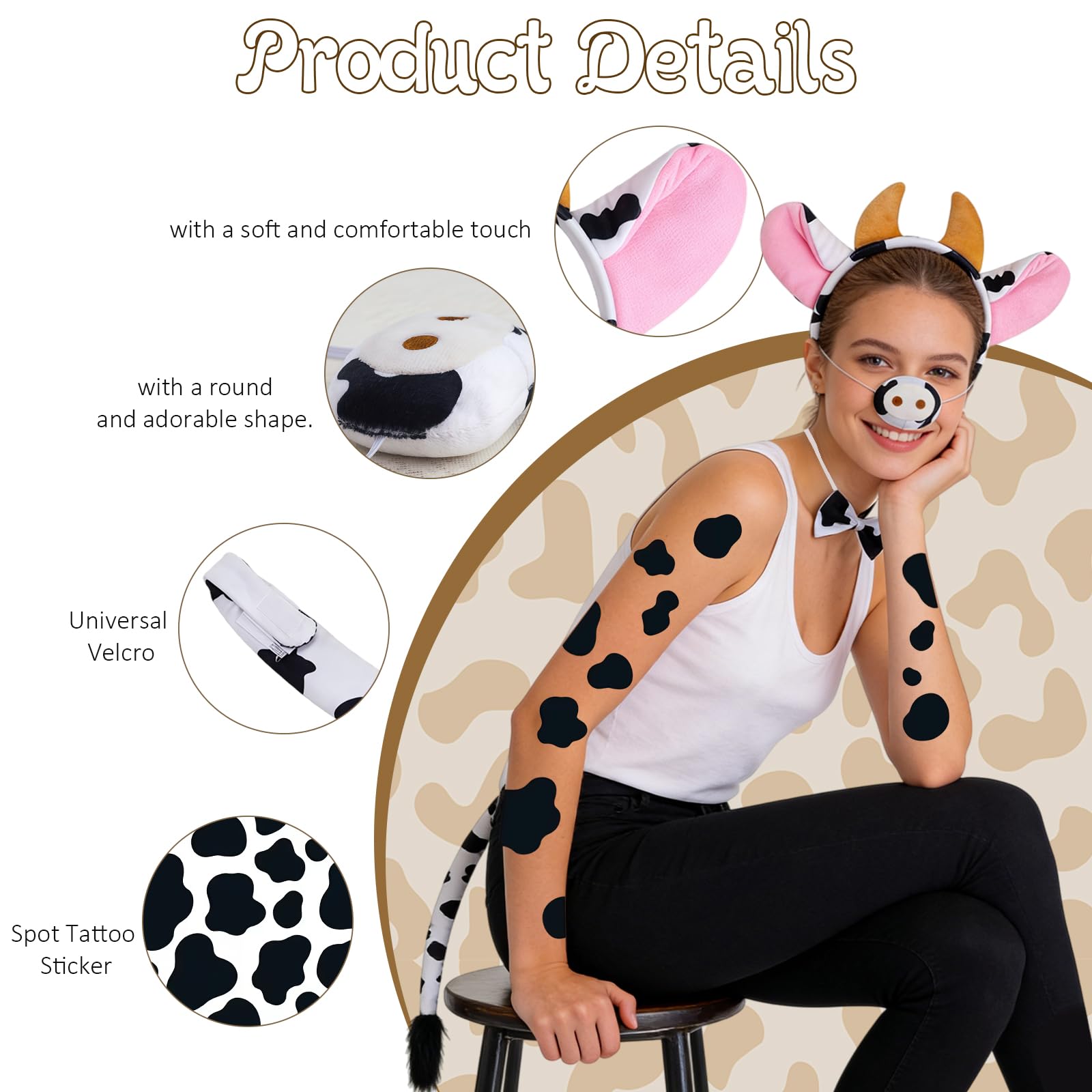 AYNKH 5PCS Cow Costume,Cow Ear Headband,Tail, Nose - Image 3