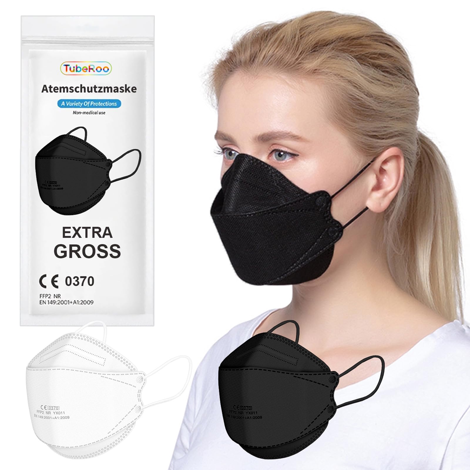 FFP2 Lot de 15 grands masques en forme de poisson Noir Certifié CE