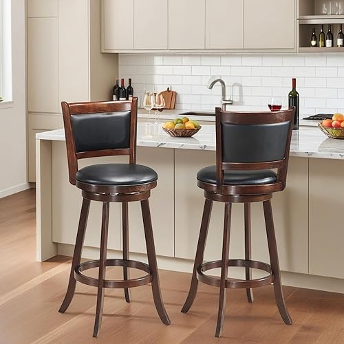 Miniatura 10 de ERGOMASTER Juego de 2 taburetes de bar de 29 pulgadas de altura para isla de cocina, madera de caucho, taburetes de bar giratorios con respaldo para