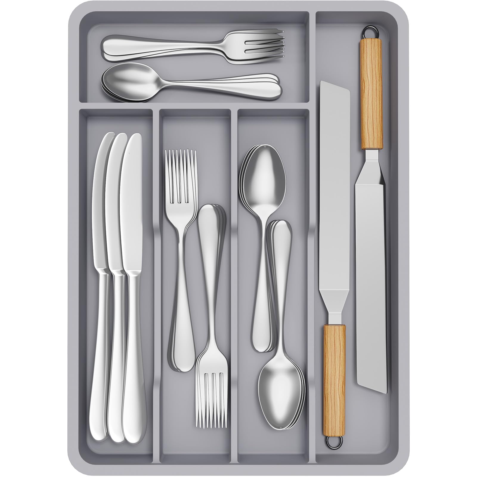 Lifewit Small Cutlery Tray, 34x24cm Cutlery Drawer Organiser Utensil Holder for Kitchen Storage Spoon Fork Knives,5 Compartments,GreyRecycled Claim Standard 100